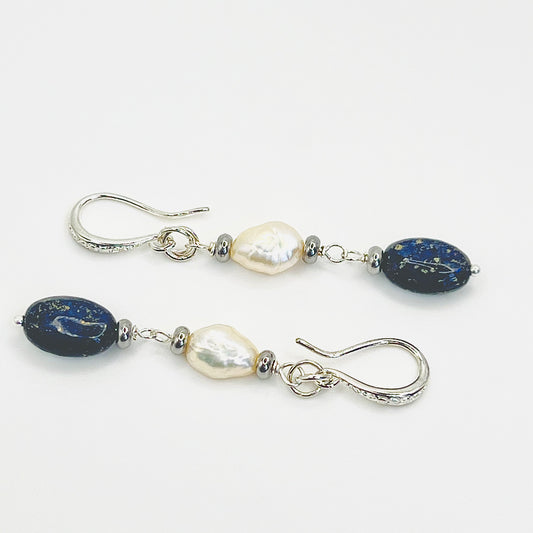 925 Silver Earrings with Lapis Lazuli & Freshwater Pearls