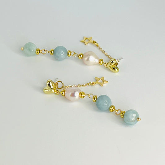 Elegant Gold-Filled Earrings with Baroque Pearls & Aquamarine Jade