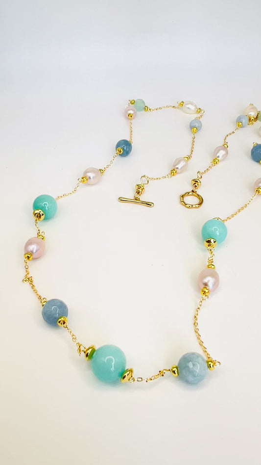 Gold-Filled Necklace with Baroque Pearls, Aquamarine & Jade Gemstones